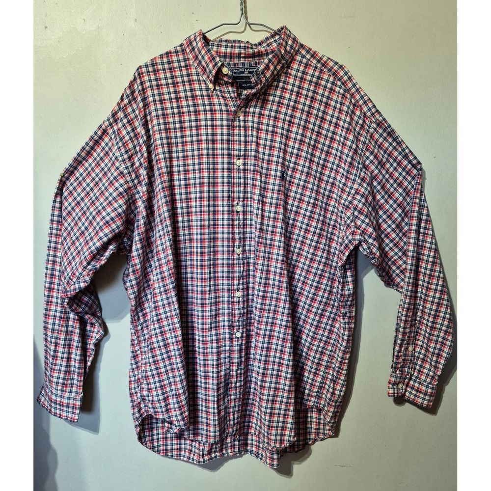 Ralph Lauren Sport Mens XXL Red White Blue Plaid Cotton Button Down Shirt